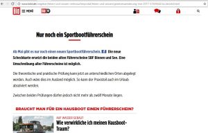 Bildschirmfoto mit einer Meldung auf bild.de vom 1. Mai 2017 mit dem Titel -Nur noch ein Sportbootführerschein-