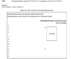 Muster für den Sportbootführerschein ab 1.1.2018, Auszug aus dem Bundesgesetzblatt, Anhang 1 der Sportbootführerscheinverordnung