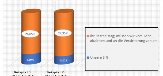 Eine Grafik, die zeigt, dass die Beiträge zur Rentenversicherung zusammen immer Euro 32,55 ergeben und die Höhe des Anteils des Minjobbers vom 5%-Anteil des Arbeitgebers abhängen.