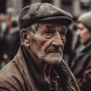 Porträt eines alten Mannes in zerschlissener Kleidung, der ängstlich schaut