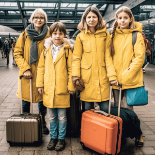 Zwei Frauen und zwei Kinder in gelb-blauer Kleidung mit Rollkoffern