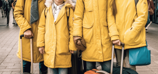 Zwei Frauen und zwei Kinder in gelb-blauer Kleidung mit Rollkoffern